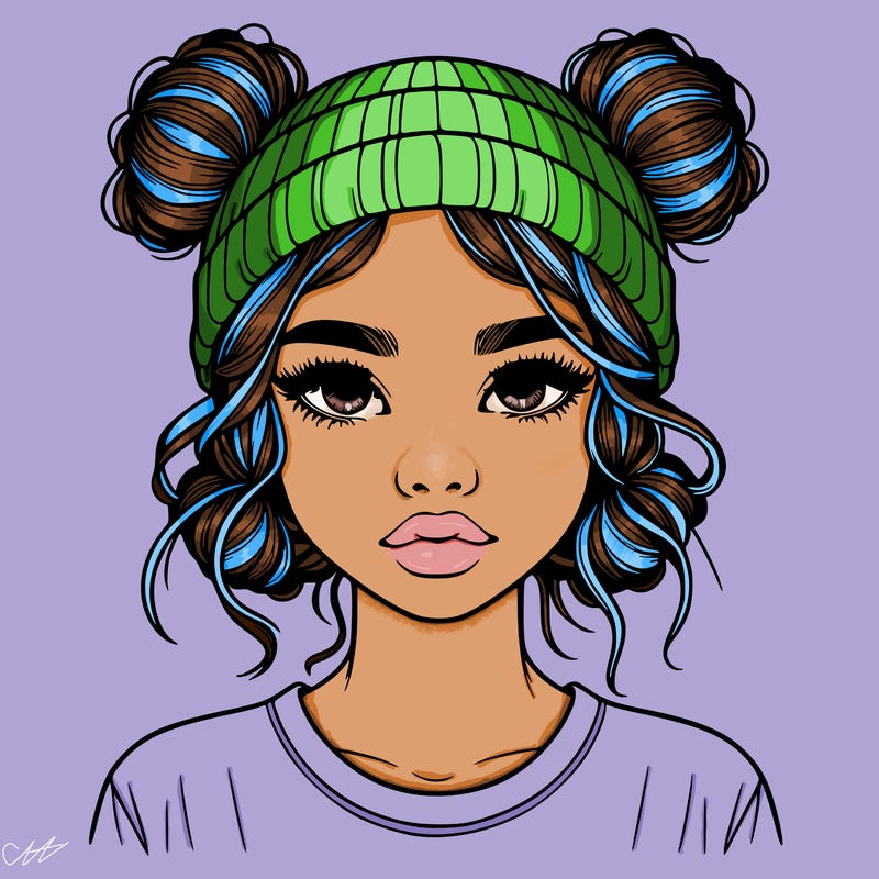 realistic girl with buns in her hair with a beanie on
