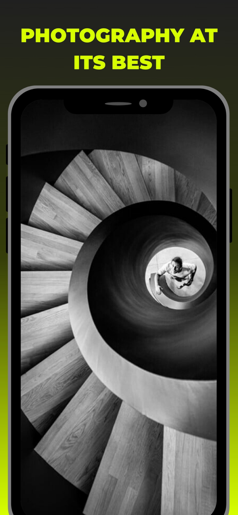Irys - Irys app featuring a black and white spiral staircase photograph with the text Photography at its best