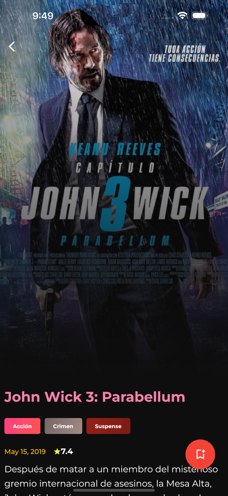 JFlix Películas - Movie details screen for John Wick 3 on the JFlix Peliculas app in Spanish.