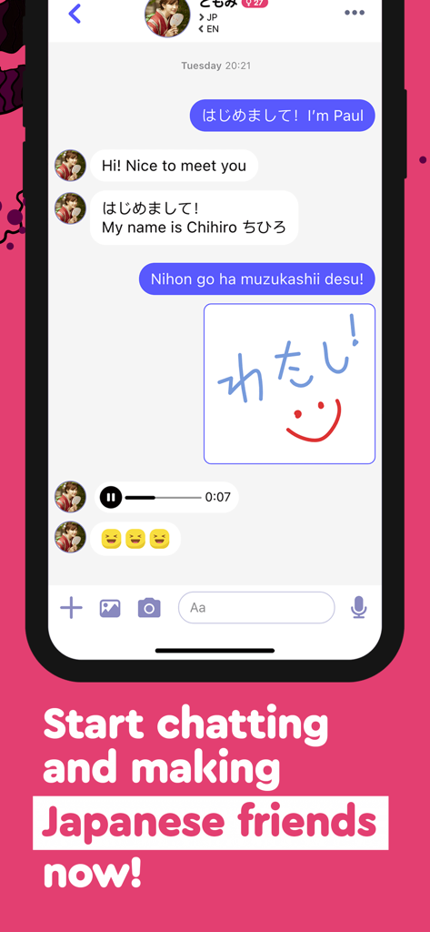 Langmate app chat interface showing a conversation with a Japanese friend including text and a handwritten drawing