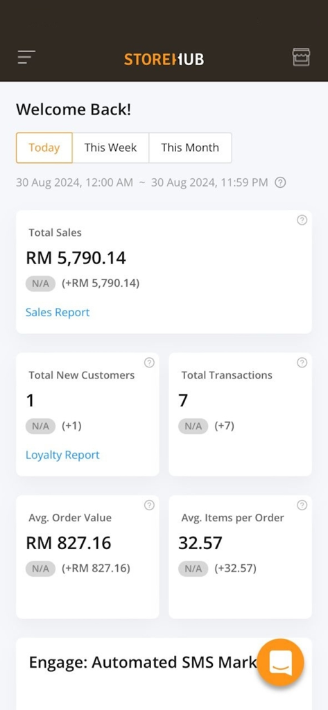StoreHub Manager - StoreHub Manager mobile app dashboard displaying real-time sales metrics, transactions, and customer growth data.