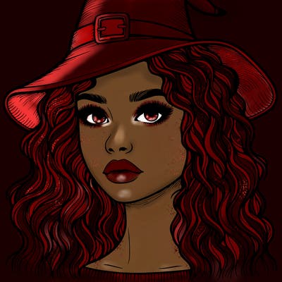 realistic girl with wavy hair a witch hat and a nose and lips and eyes