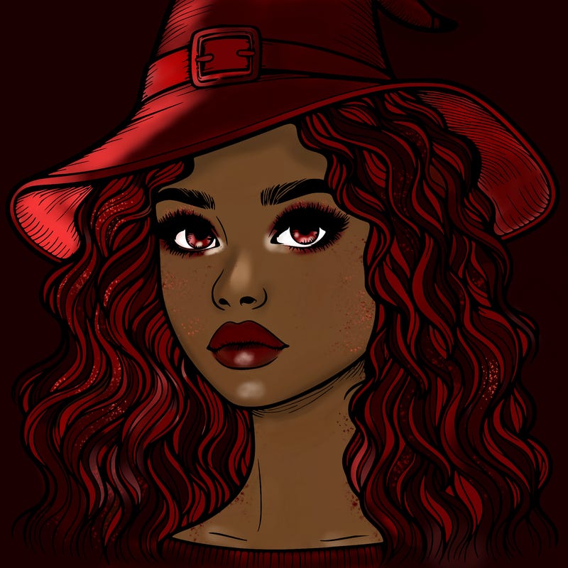 realistic girl with wavy hair a witch hat and a nose and lips and eyes
