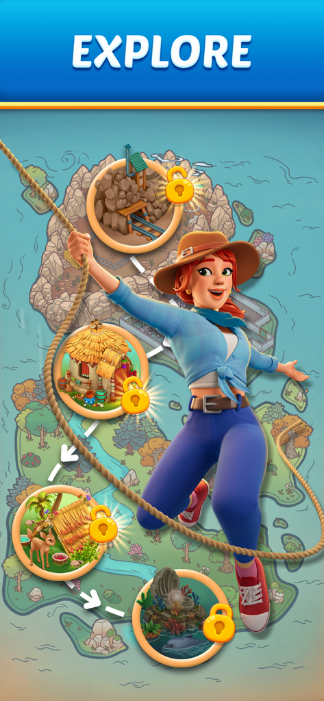 Fiona swinging on a rope over a map showing various unlockable locations like a mine and a tropical hut.