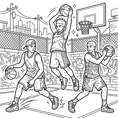 Bring the exciting world of streetball to life with this dynamic coloring page featuring talented basketball players in an urban setting. Perfect for young artists, it captures the energy and skill of the game in a fun, engaging way.