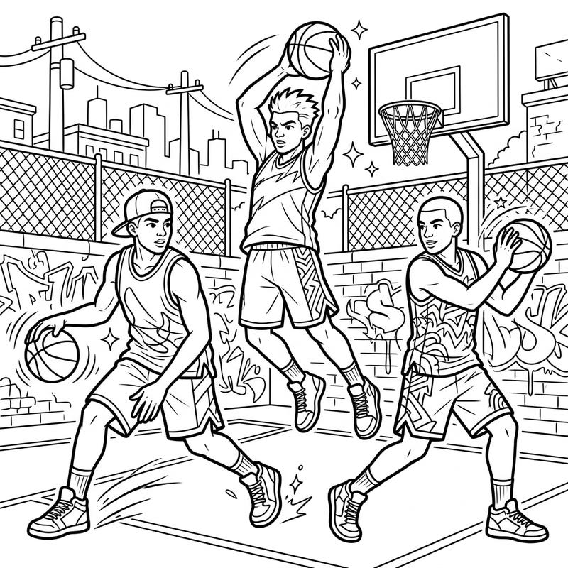 Bring the exciting world of streetball to life with this dynamic coloring page featuring talented basketball players in an urban setting. Perfect for young artists, it captures the energy and skill of the game in a fun, engaging way.