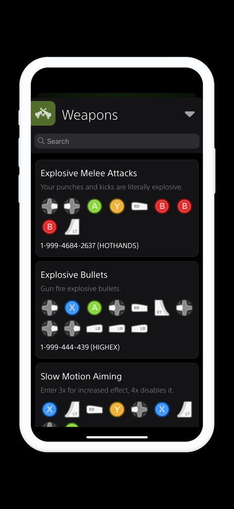 폭발성 탄환 및 슬로우 모션 조준을 위한 GTA V 무기 치트 코드 (iPhone 화면)