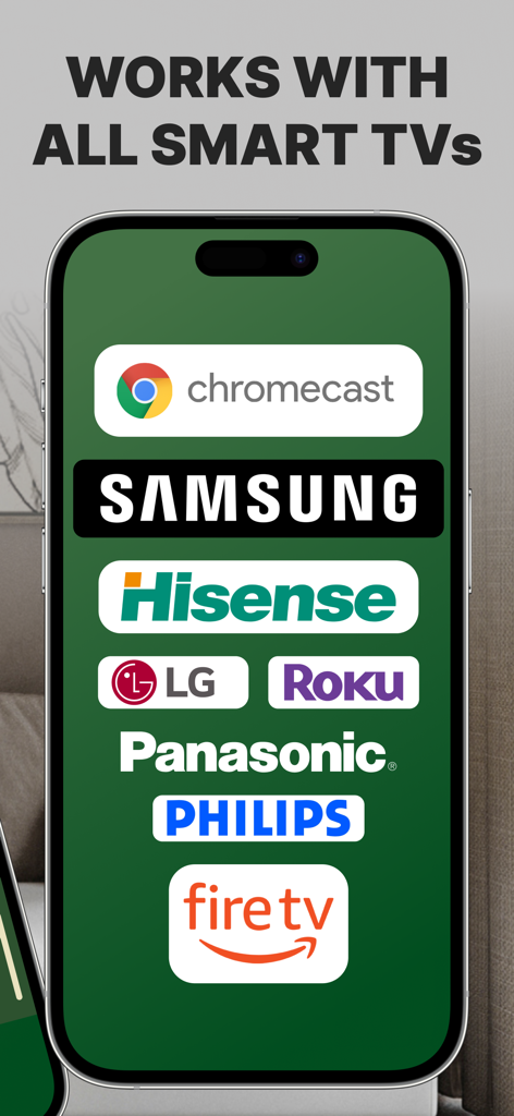 Screen Mirroring: Cast to TV - A smartphone screen displaying logos of compatible smart TV brands including Samsung Roku LG and Fire TV