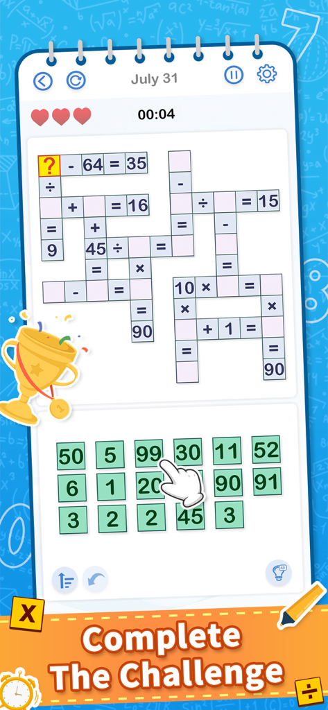 Cross Math - Math Game - Cross Math app daily challenge screen showing an arithmetic logic grid and number selection pad