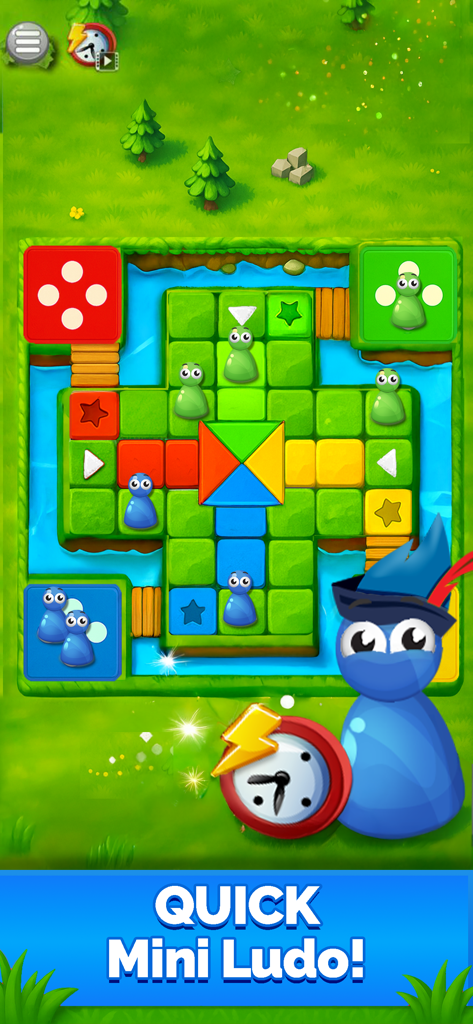 Kompaktes Mini-Ludo-Brett mit bunten Spielfiguren und einer Zeitschaltuhr in Ludo Quest