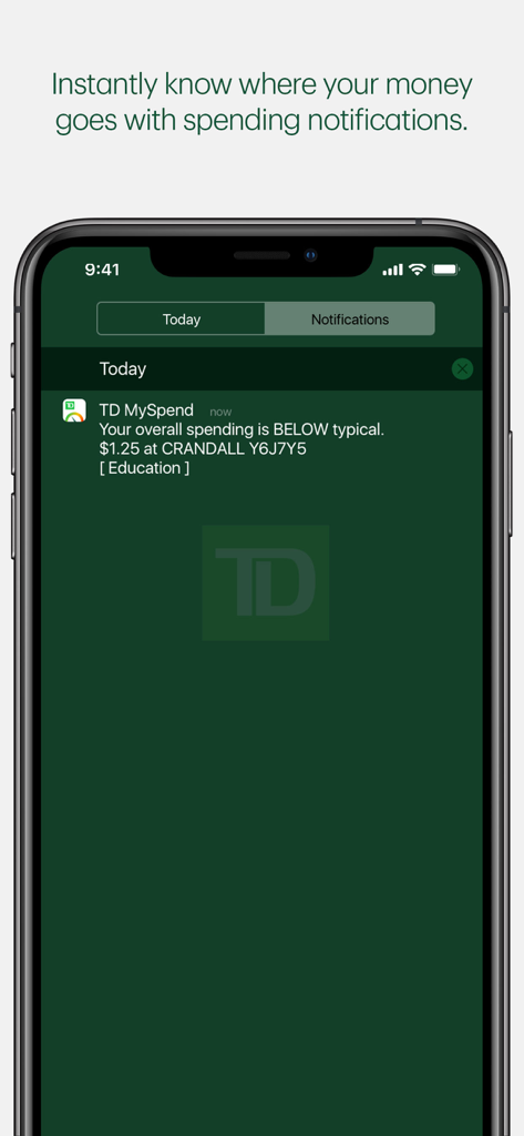TD MySpend app interface displaying a real-time spending notification on a mobile screen
