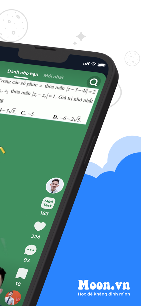 Moon.vn - App học online! - Smartphone screen showing the Moon.vn app interface with a complex math problem and educational interaction tools
