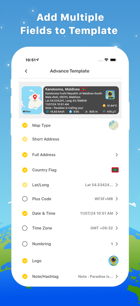 GPS Map Camera : Geo Photos - Écran de l'application GPS Map Camera montrant plusieurs champs pour personnaliser les modèles de photos.
