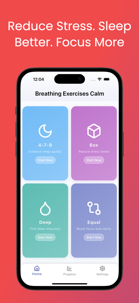 box breathing coach - Interfaccia dell'app Coach Respirazione Quadrata che mostra esercizi di respirazione per sonno, riduzione dello stress, rilassamento e concentrazione.