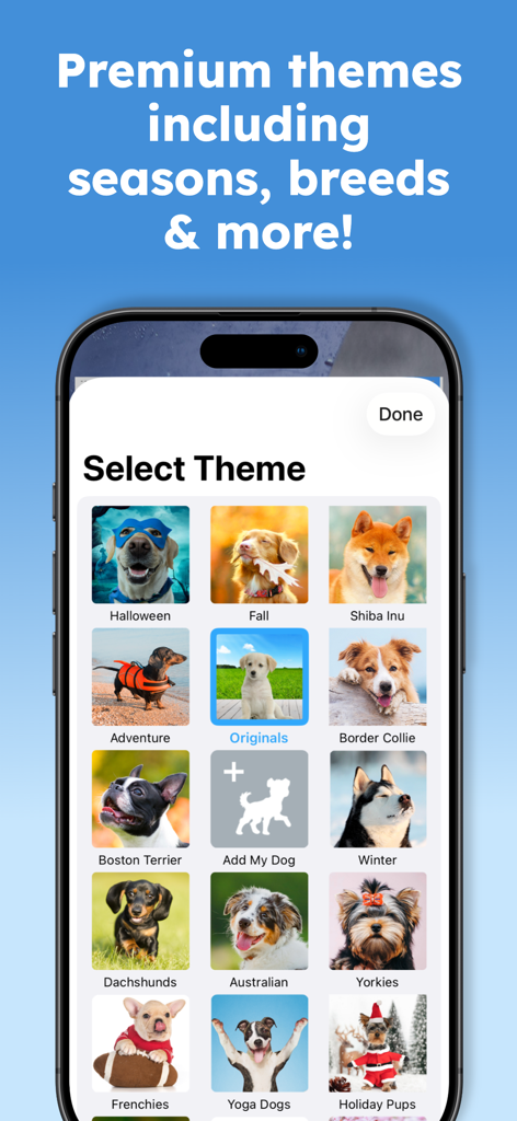 Weather Puppy Forecast + Radar - A selection screen within the Weather Puppy app displaying various dog breed and seasonal themes