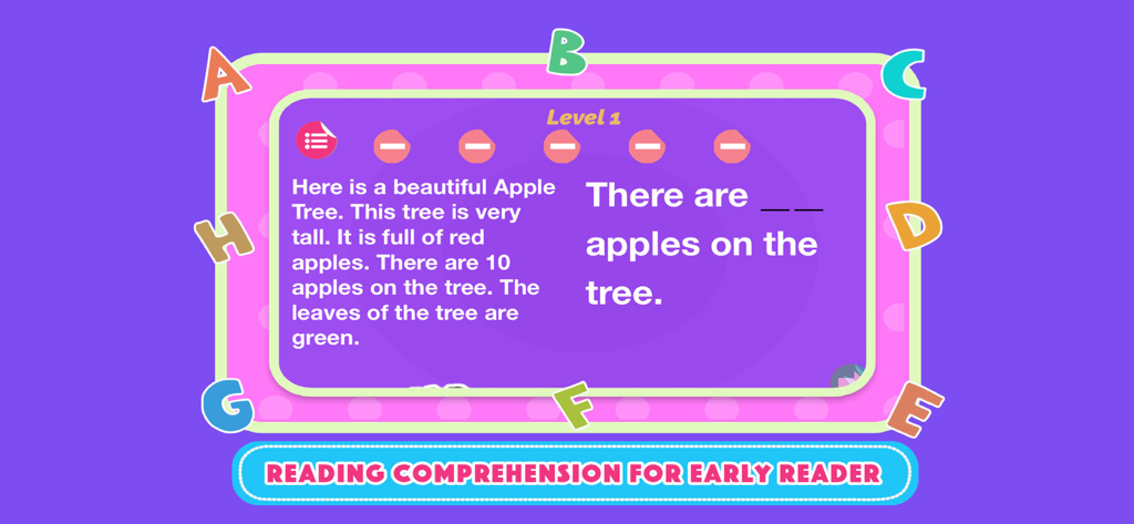 English Comprehension For Kids - Screenshot of a level one reading comprehension exercise for kids featuring a short story about an apple tree and a fill in the blank question.