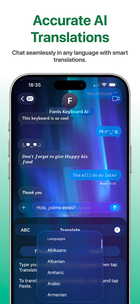 Fonts Keyboard AI - Smartphone screen showing the AI translation feature of the Fonts Keyboard app within a messaging interface.