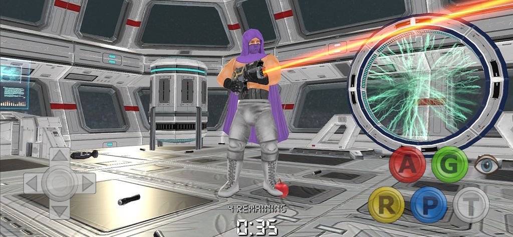 Infinite Lives - Un personaje superhéroe disparando un arma láser en una sala futurista en el juego Infinite Lives.