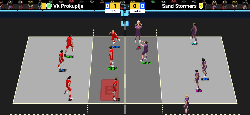 Spike Masters 3D Volleyball - A top-down view of a 3D volleyball match between two teams in Spike Masters 3D Volleyball.