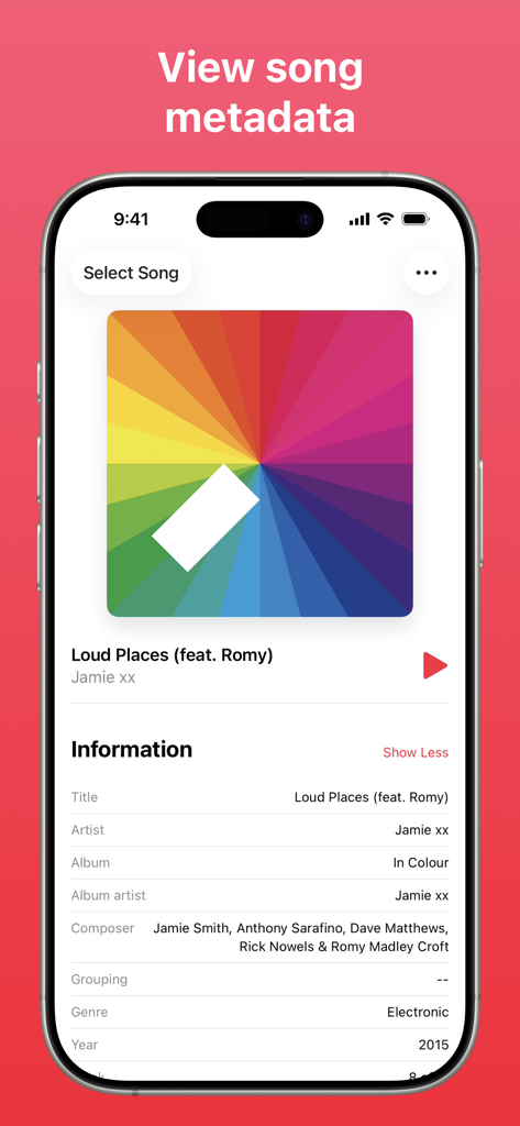 음악 정보 앱 화면에 작곡가 및 장르와 같은 노래 메타데이터가 표시됨