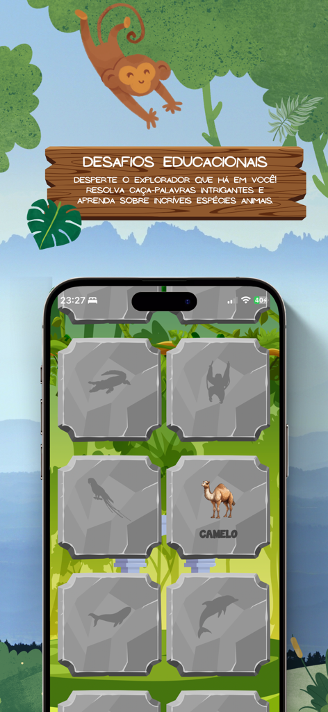 Caça Palavra Animais - Uma tela mobile mostrando silhuetas de animais e um camelo desbloqueado em um jogo de caça-palavras.