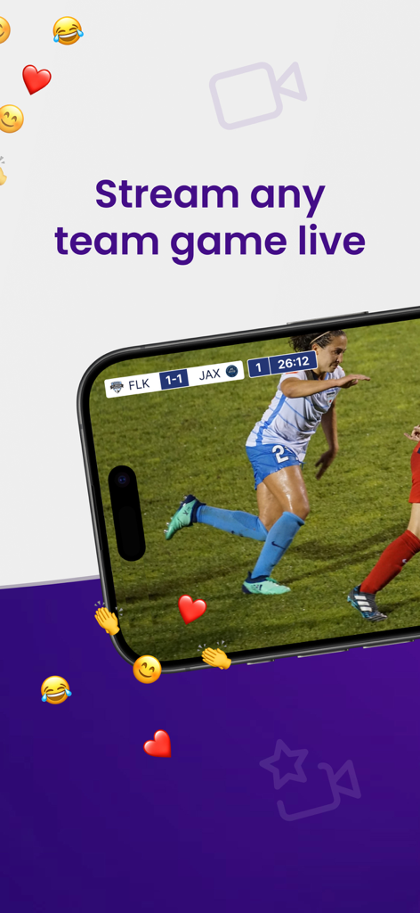GotSport Live - A smartphone showing a live stream of a soccer match in the GotSport Live app with a live score ticker and floating social reaction emojis