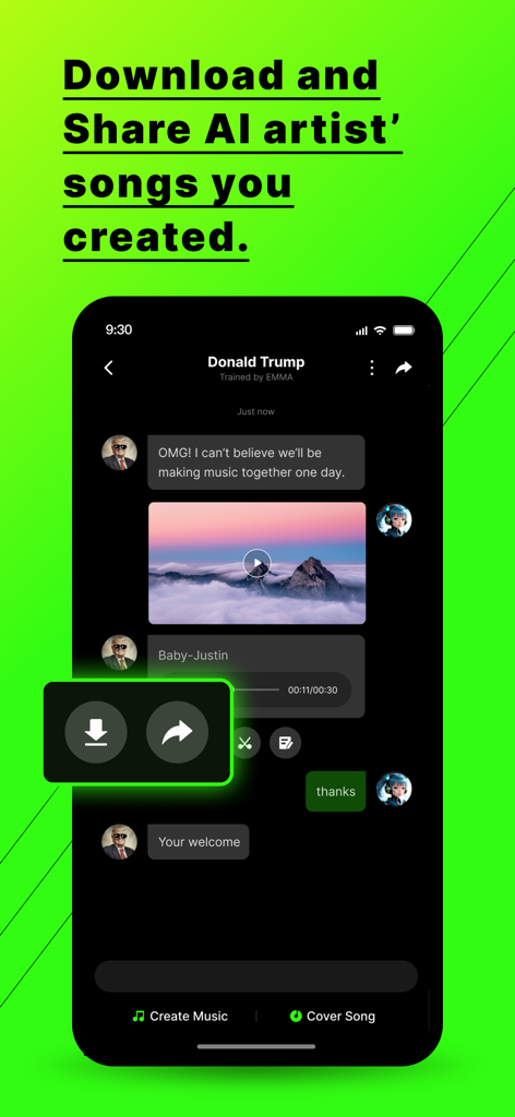 YourArtist.AI - AICover & Chat - Interface showing how to download and share AI-generated songs in the YourArtist.AI app chat.