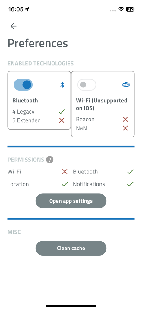 DroneScout pro - DroneScout pro app preferences screen showing enabled technologies and application permissions