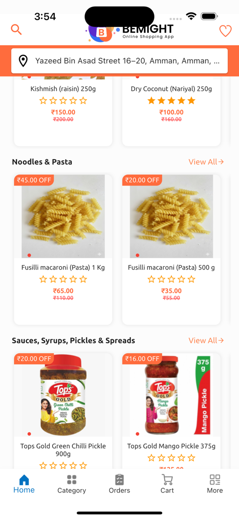 BeMight Online Shopping Store - BeMight Online Shopping App screen showing grocery products like pasta and pickles with discount offers