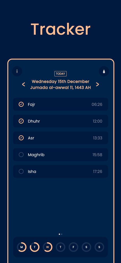 Pillars: Prayer Times & Qibla - Screenshot of the Pillars app prayer tracker showing a list of daily prayer times and a weekly habit streak tracker on a dark blue interface