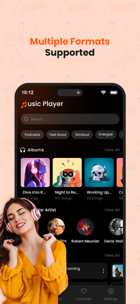 Interfaz de aplicación de reproductor de música móvil que muestra álbumes y formatos compatibles