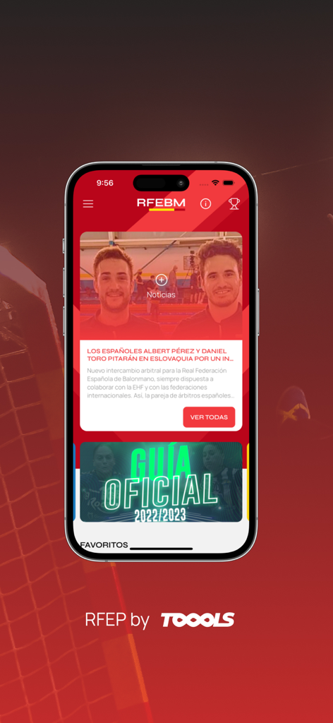 스페인 핸드볼 뉴스와 시즌 가이드가 포함된 공식 RFEBM 앱 홈 화면