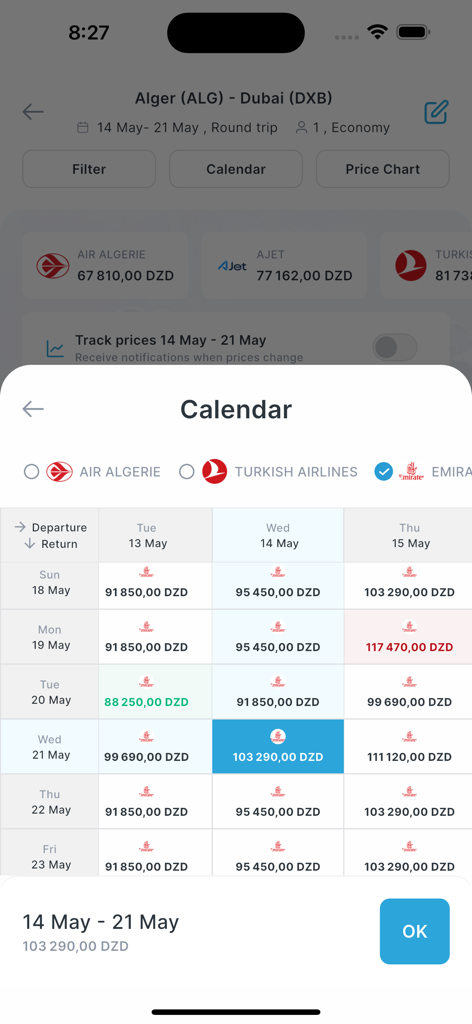 Volz app flight price calendar showing various airline rates for travel between Algiers and Dubai in DZD