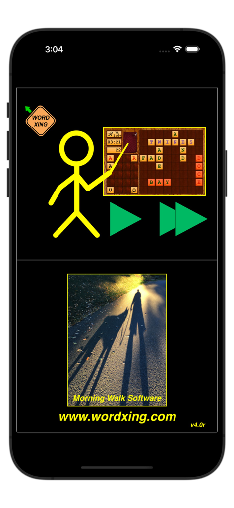 WordXing - Intro screen for WordXing showing a yellow stick figure pointing to a word puzzle and the Morning Walk Software logo