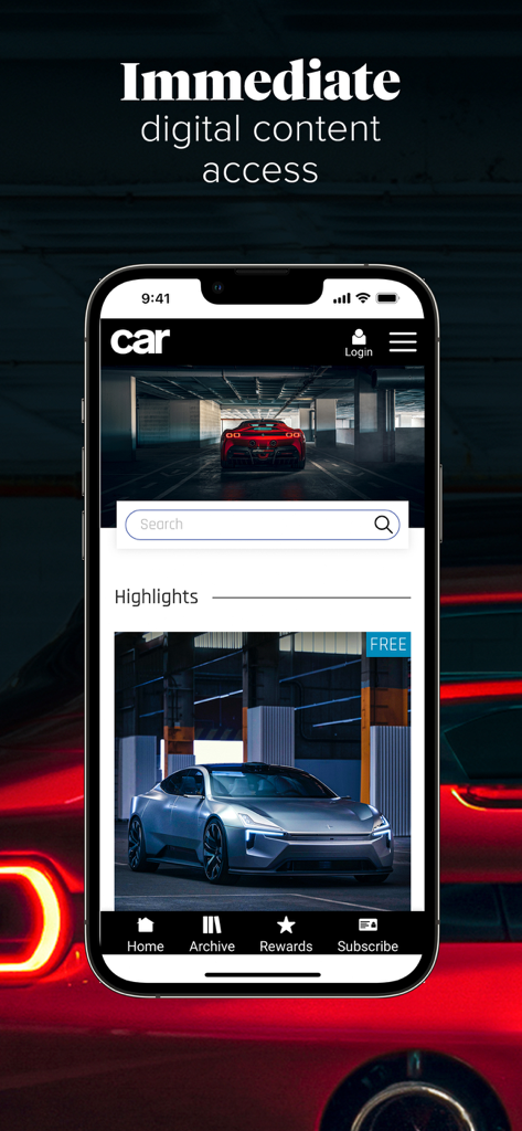 CAR Magazine - News & Reviews - Interface of the CAR Magazine app on a smartphone displaying automotive highlights and news