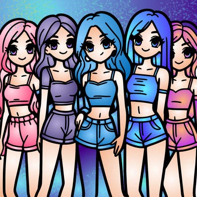 a group of girls wearing crop tops and shorts