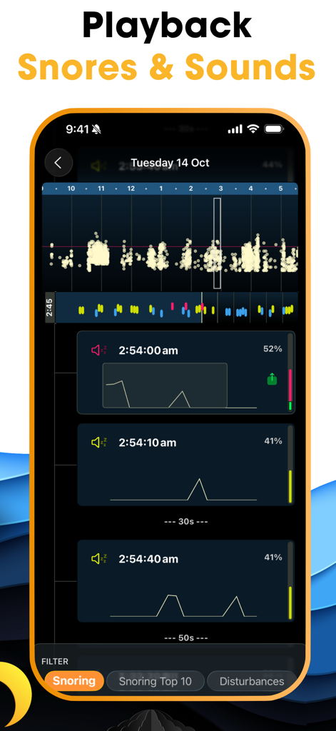 AutoSnore app interface displaying a detailed timeline and playback of snoring sounds with intensity levels