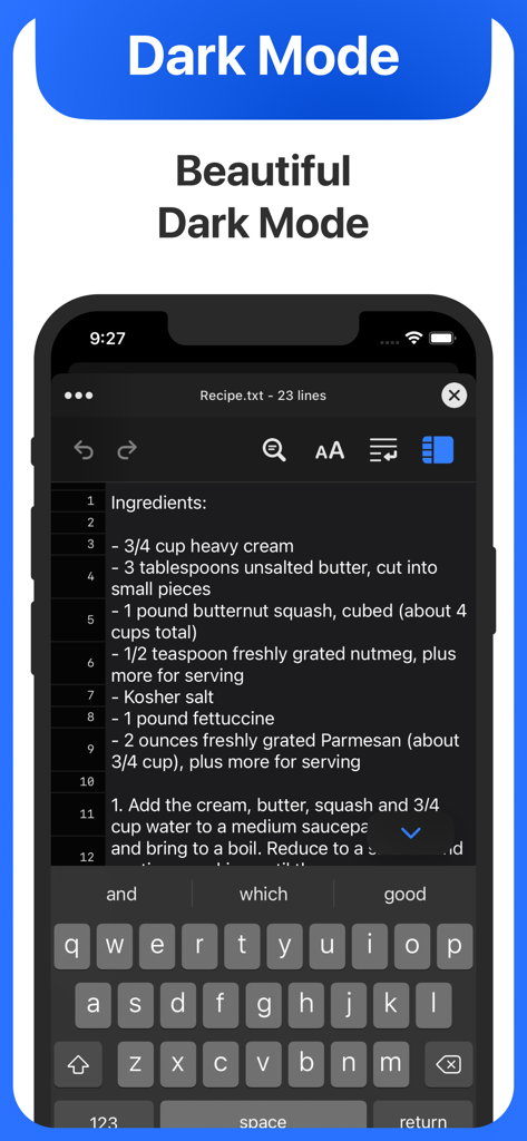 Schermata iPhone che mostra l'app Text Editor in modalità scura mentre modifica un file di testo con sfondo scuro e testo bianco.