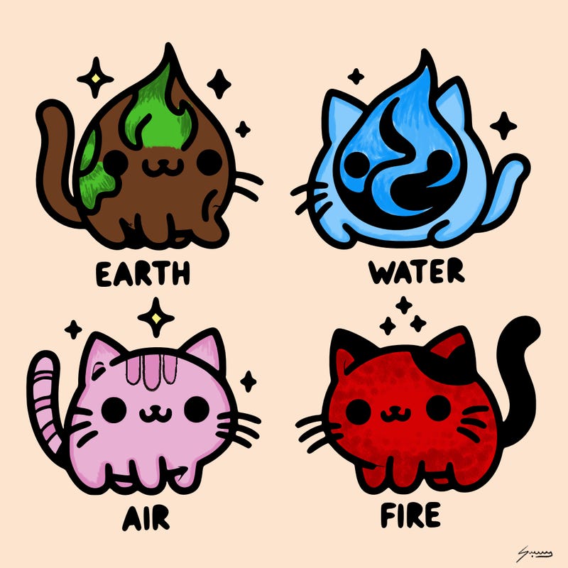4 cats that represent the different elements, earth, water, air, and fire