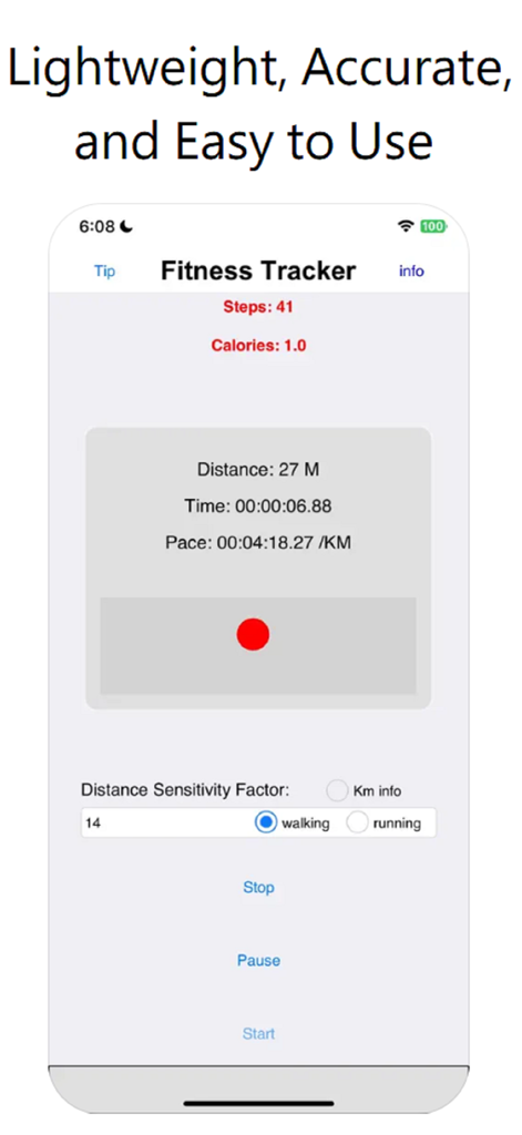시작 버튼과 함께 걸음 수, 칼로리, 거리 및 페이스에 대한 실시간 추적을 보여주는 피트니스 트래커 모바일 앱의 미니멀리스트 메인 인터페이스.