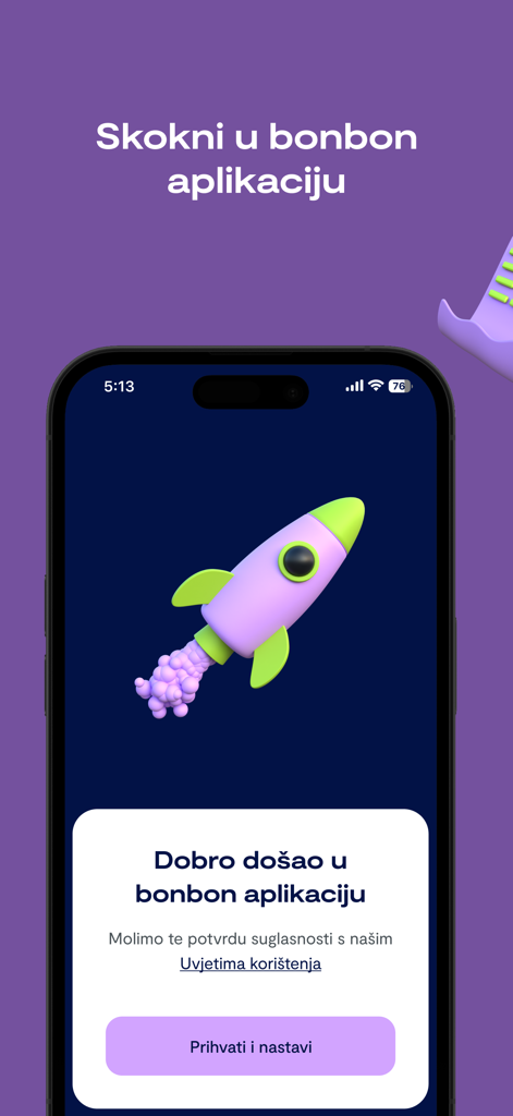 Schermata di benvenuto dell'app mobile Moj bonbon con un'illustrazione 3D di un razzo
