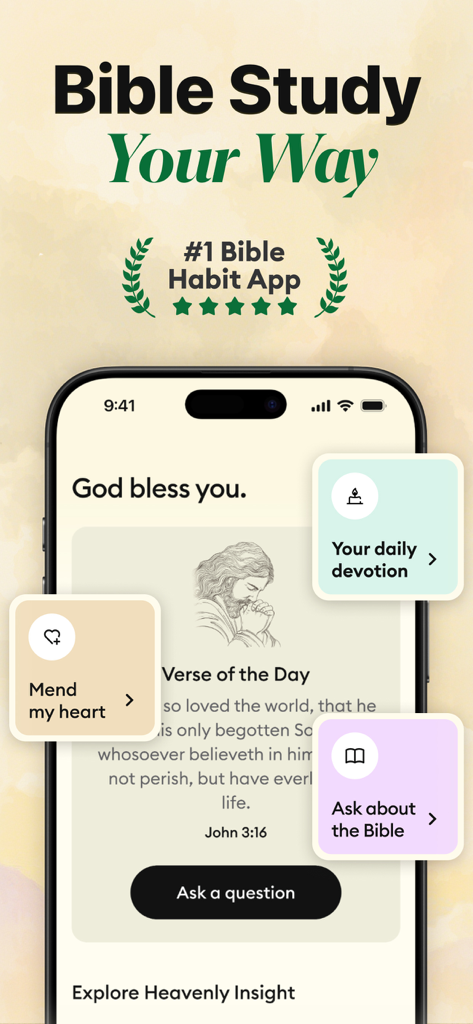 Holify: Bible Study & Chat - Holify Bible study app home screen showing Verse of the Day and AI chat options