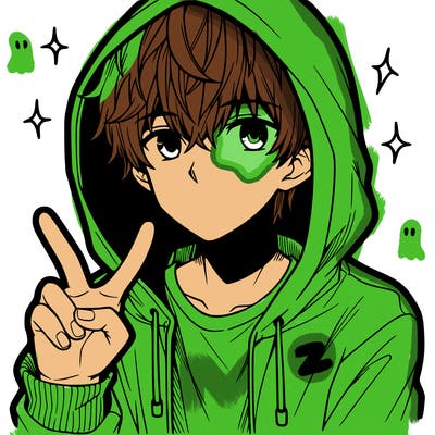 teenage manga boy in a hoodie, doing ✌