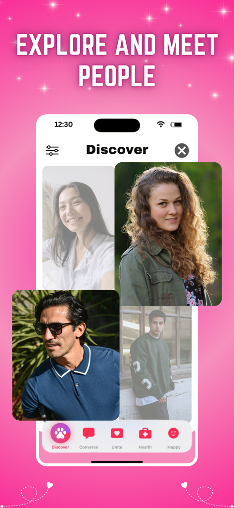 MeetChat iHappy - MeetChat iHappy app discover screen showing user profiles and a bottom navigation menu.