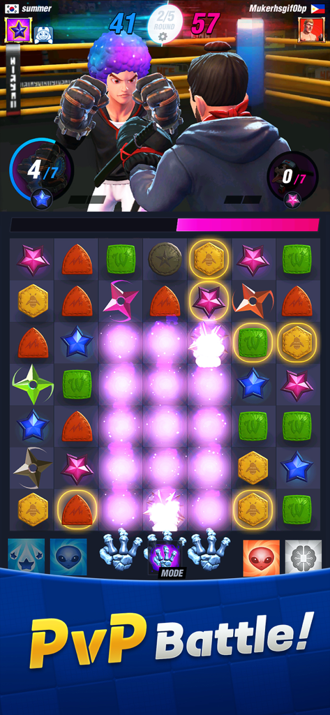 Gameplay PvP di boxe in tempo reale con meccaniche di puzzle match-3.