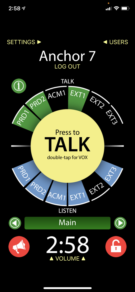 Unity Intercom mobile app interface featuring the central press to talk button and multiple communication channels