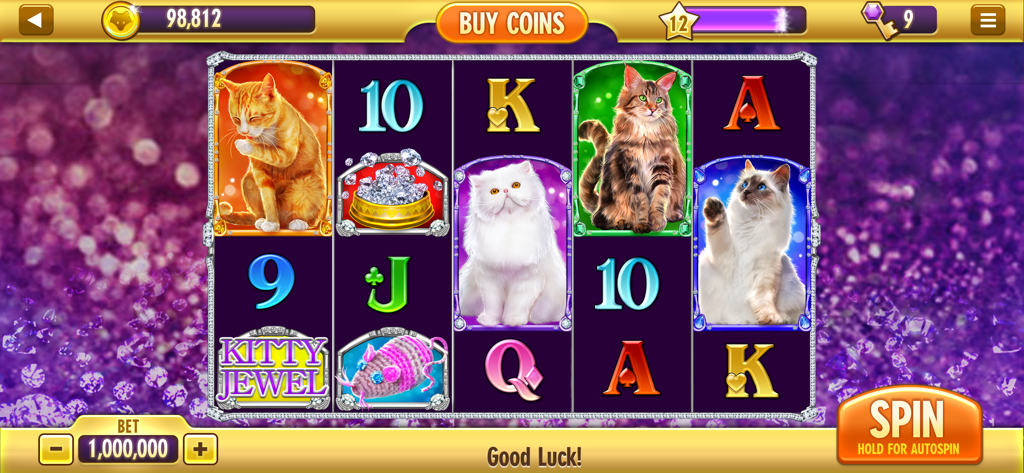Buffalo Bonus Casino - Buffalo Bonus Casino mobile game screenshot showing a cat-themed 5-reel slot machine named Kitty Jewel.