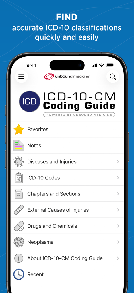ICD 10 Coding Guide – Unbound - Menú principal de la aplicación Guía de codificación CIE-10 que muestra clasificaciones médicas