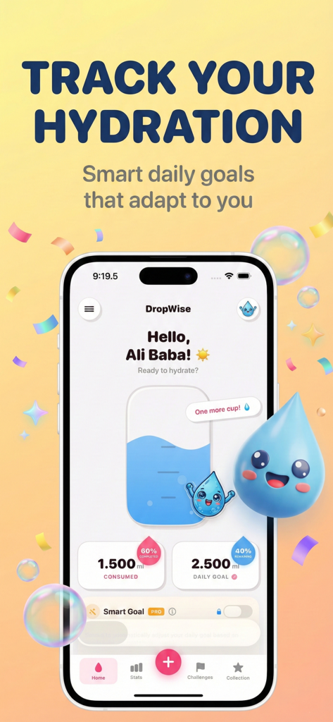 Water Reminder - DropWise - DropWise water tracker app home screen showing daily hydration progress and smart goals