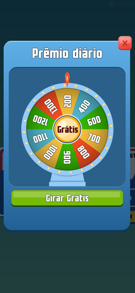 A daily prize spin wheel in the Truco Brasil app showing various coin rewards and a spin for free button